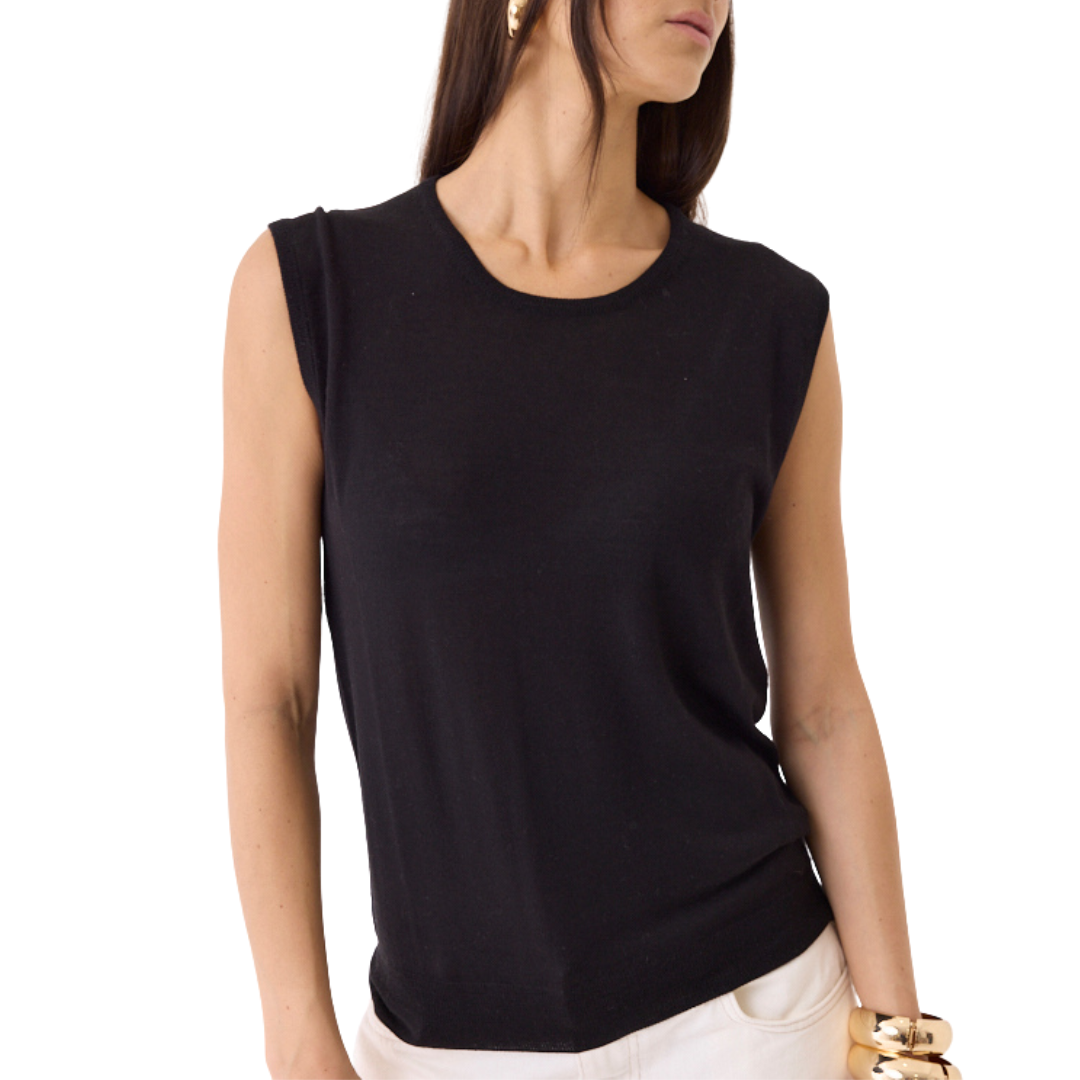 Extrafine Merino Silk Knit Sleeveless Crewneck in Noir