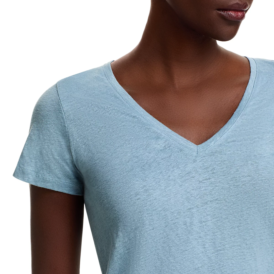 Stretch Linen Short Sleeve Semi Relaxed V-Neck in Ocean