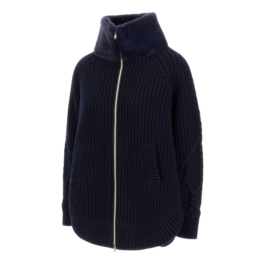 Wool Jacket with Raised Texture and Beaver-Effect Fur Feel in Navy Blue