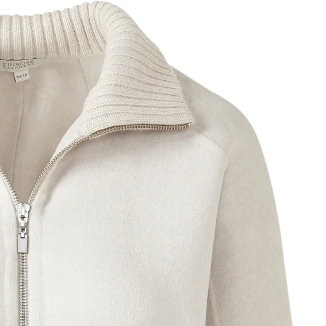 Short Knit Trim Zip Coat in Birch