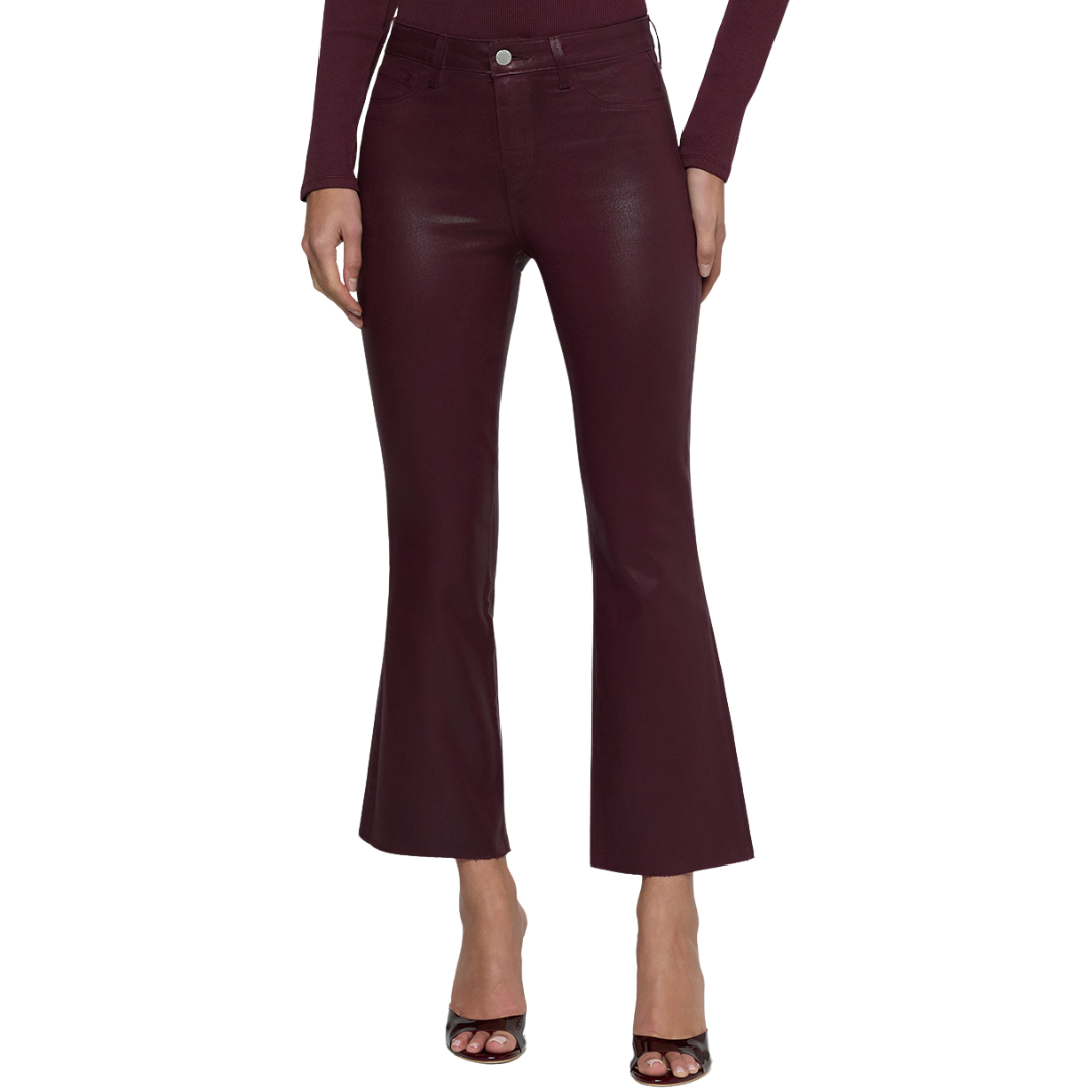 Kendra Coated Cropped Flare Jean in Deep Sangria Coated