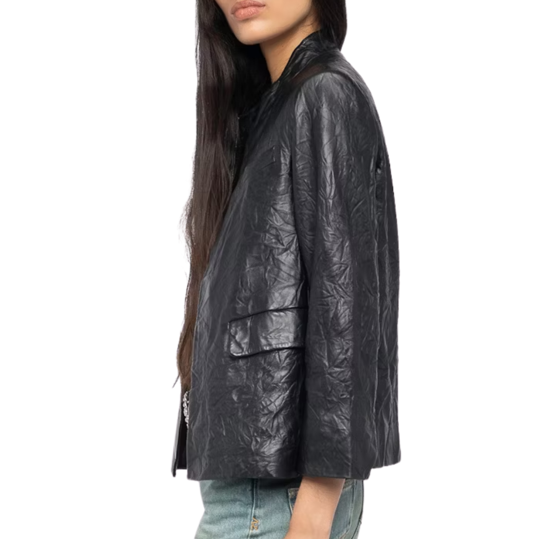 Veryn Crinkled Leather Blazer in Black