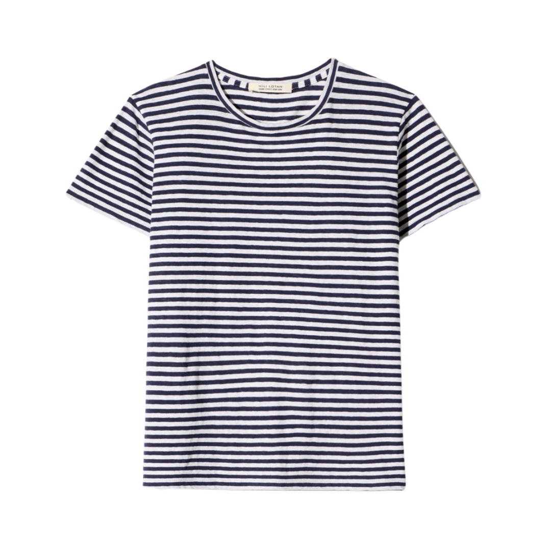 Lana Crewneck Tee in White/Dark Navy Stripe