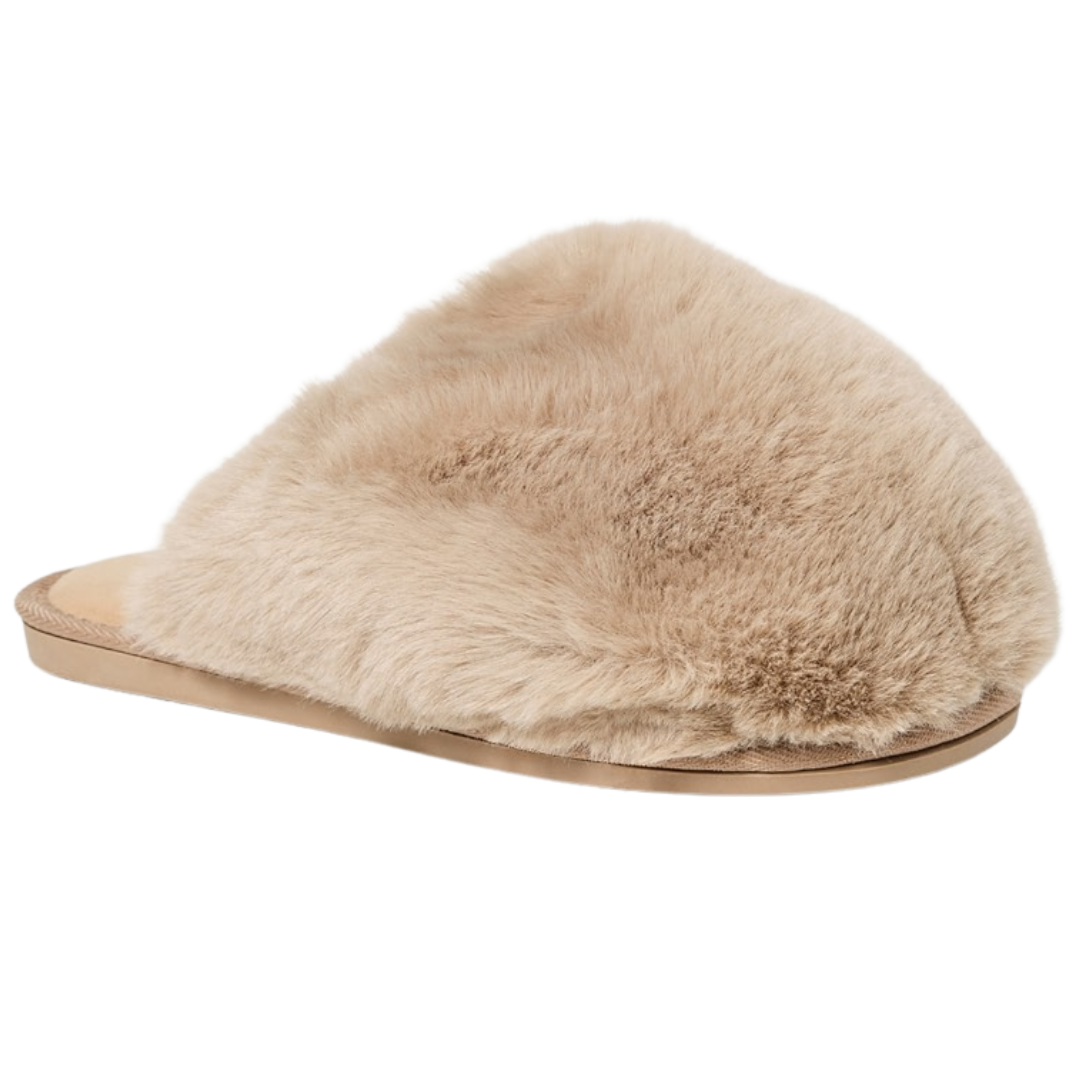 Snowball Sliper in Taupe Faux Fur