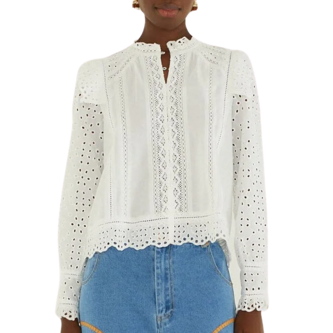 Eyelet Long Sleeve Blouse in Off-White