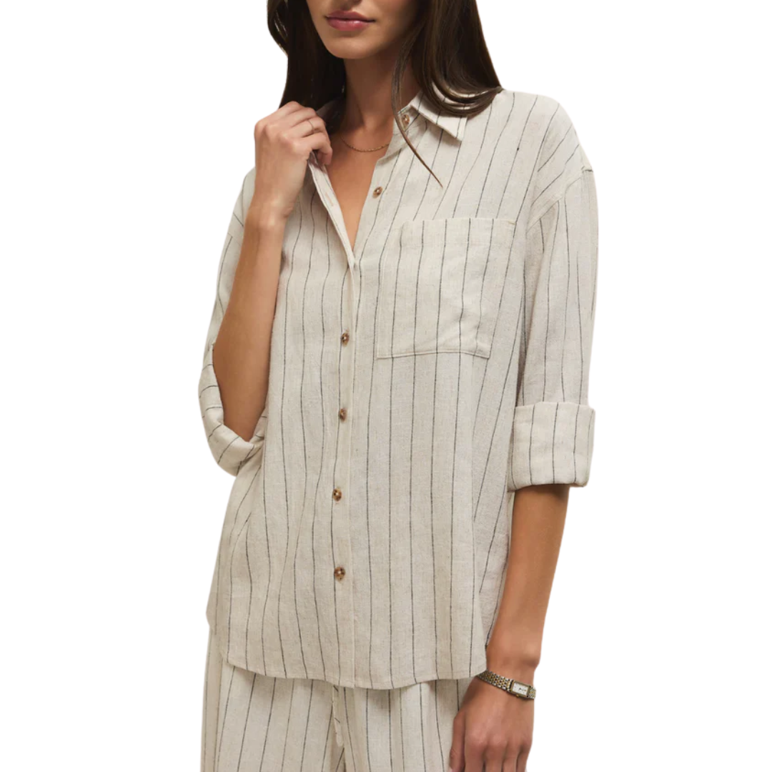 Alfie Striped Linen Button Up in Linen