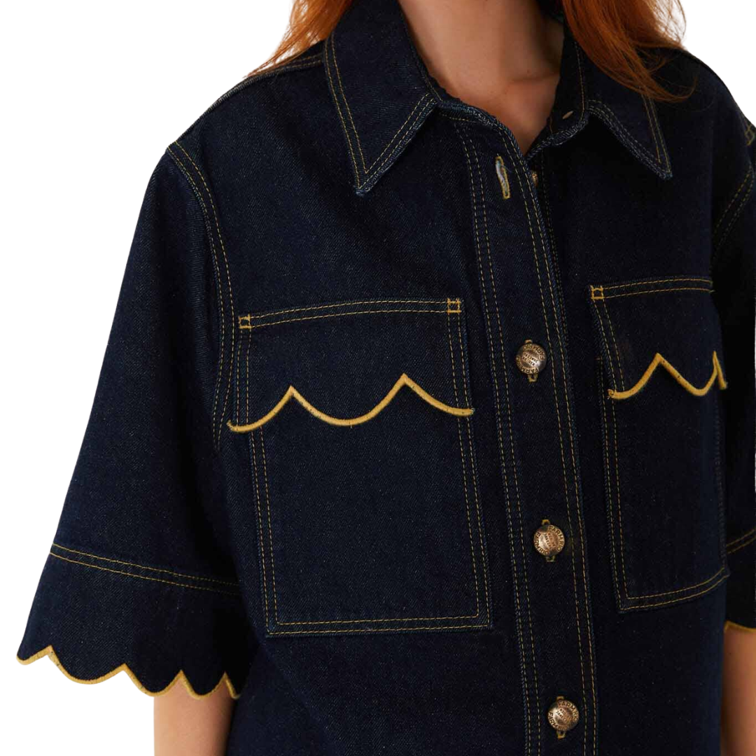 Wavy Hem Short Sleeve Shirt in Dark Denim