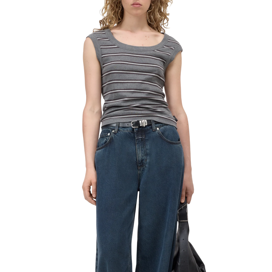 Striped Cap-Sleeve Top in Dark Grey Melange