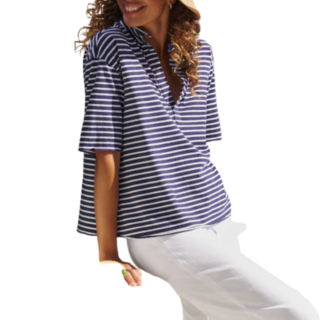 Patty Short-Sleeve Popover Henley in Yacht Stripe
