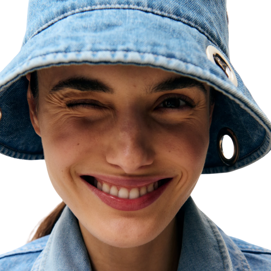 Denim Bucket Hat with Studs in Mid Blue