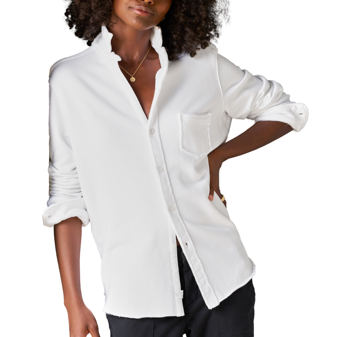 Eileen Relaxed Button-Up in White Triple Fleece