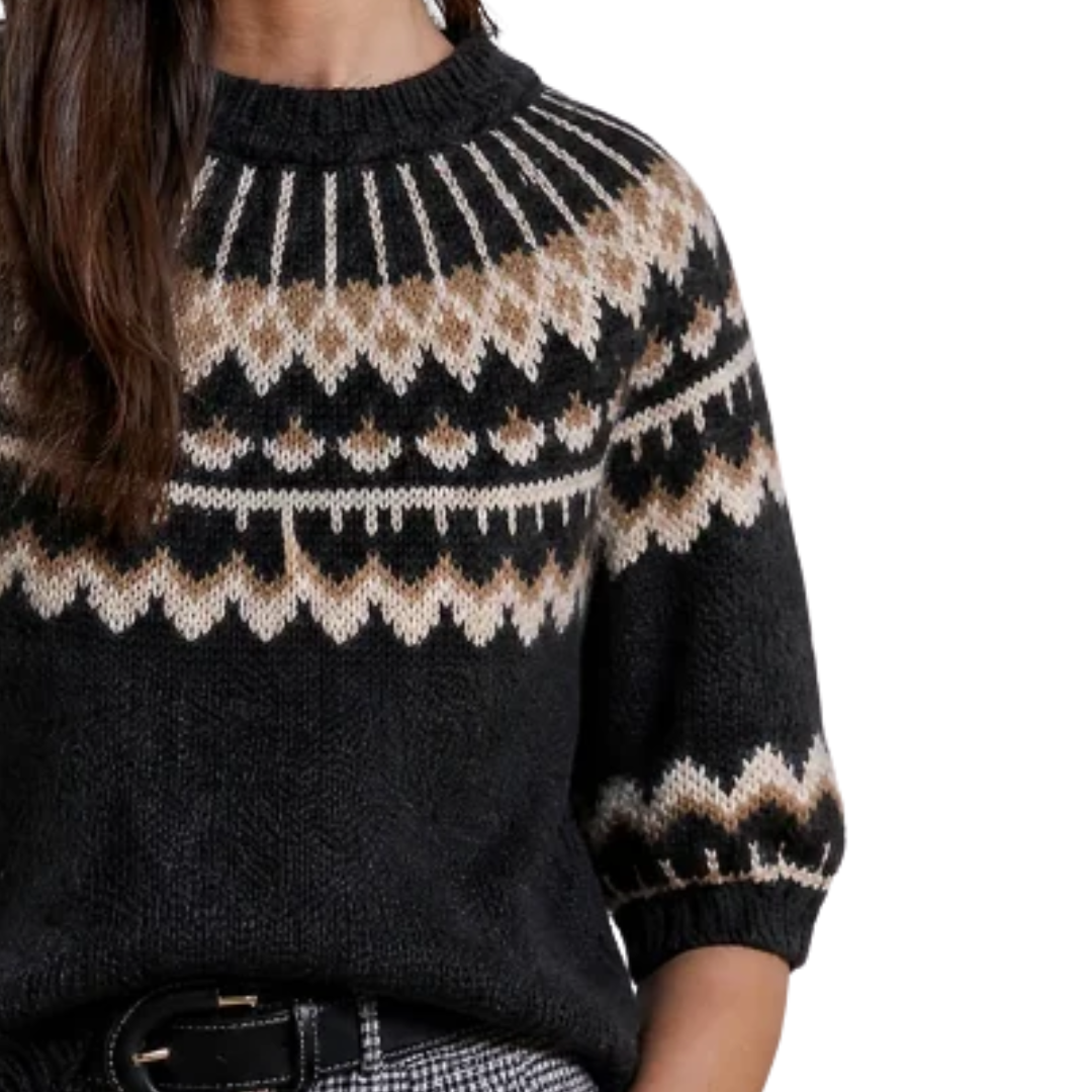 Puff Sleeve Fair Isle Crew in Charcoal/Paper Bag Combo