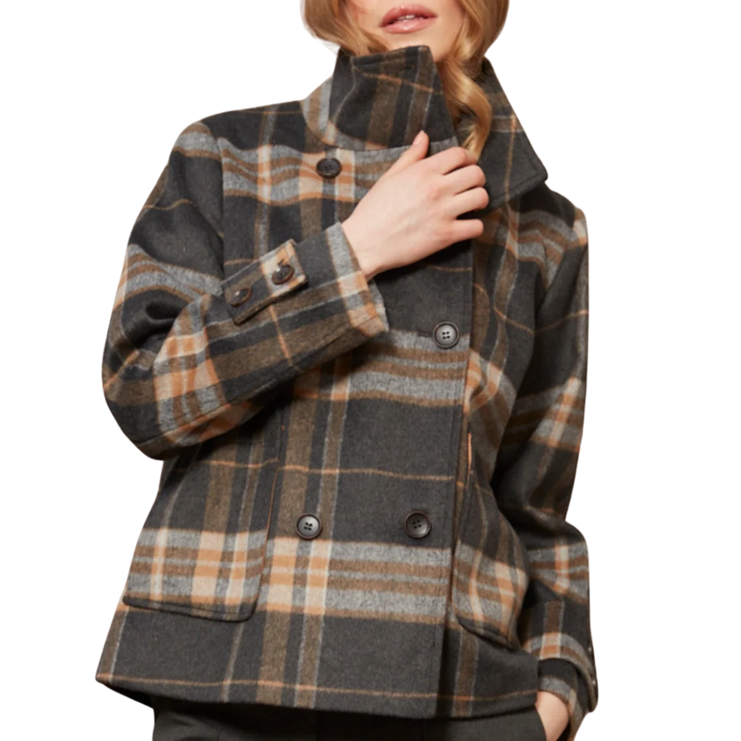 Dakota Double-Breasted Funnel Neck Short Jacket in Charcoal/Camel Plaid