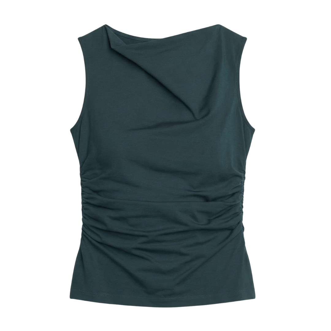 Josie Shirred-Side Cowl-Neck Tee in Maritime