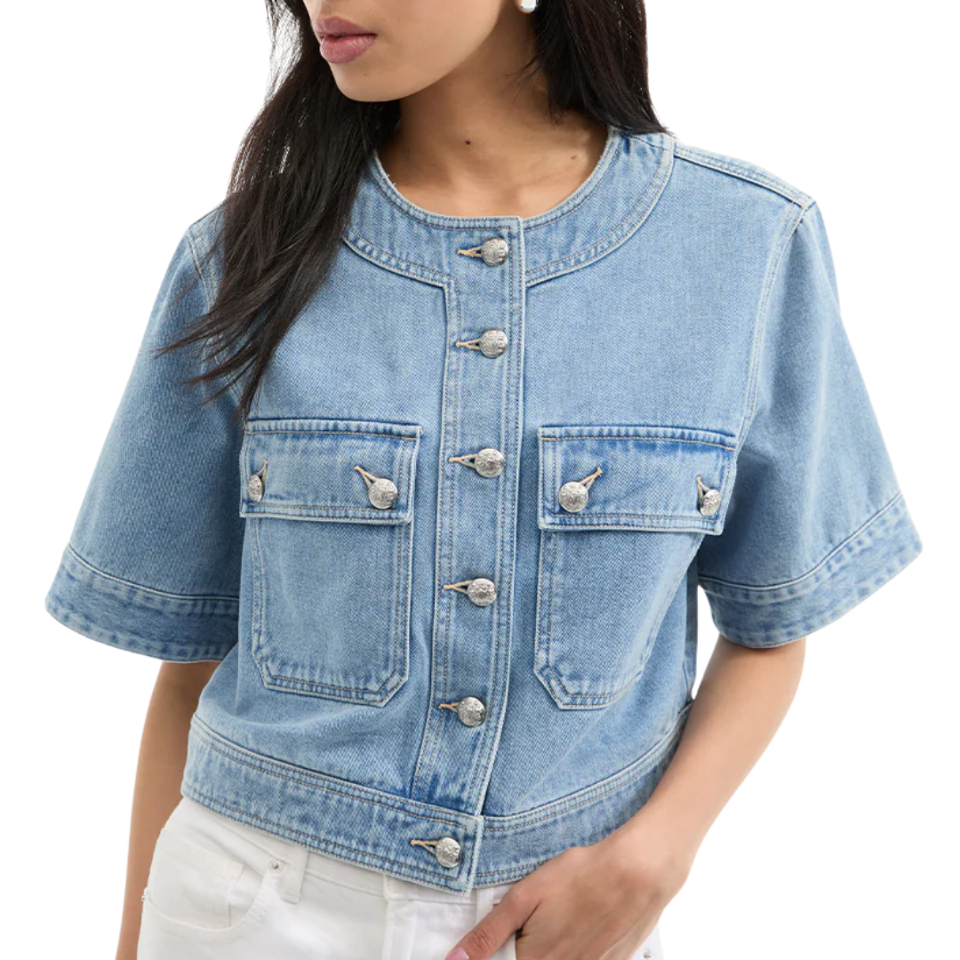 Elias Short Sleeve Denim Jacket in Silverwood Blue
