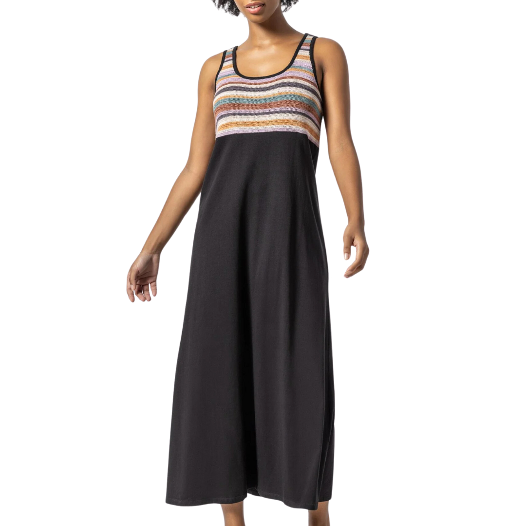 Lilla P Crochet Insert Maxi Dress in Black Multi