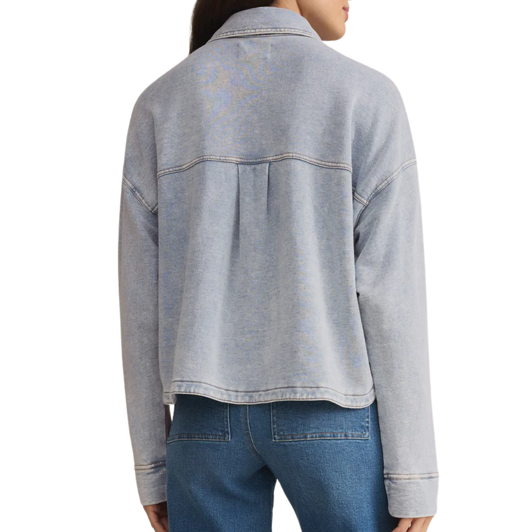 All Day Cropped Knit Denim Jacket in Washed Indigo