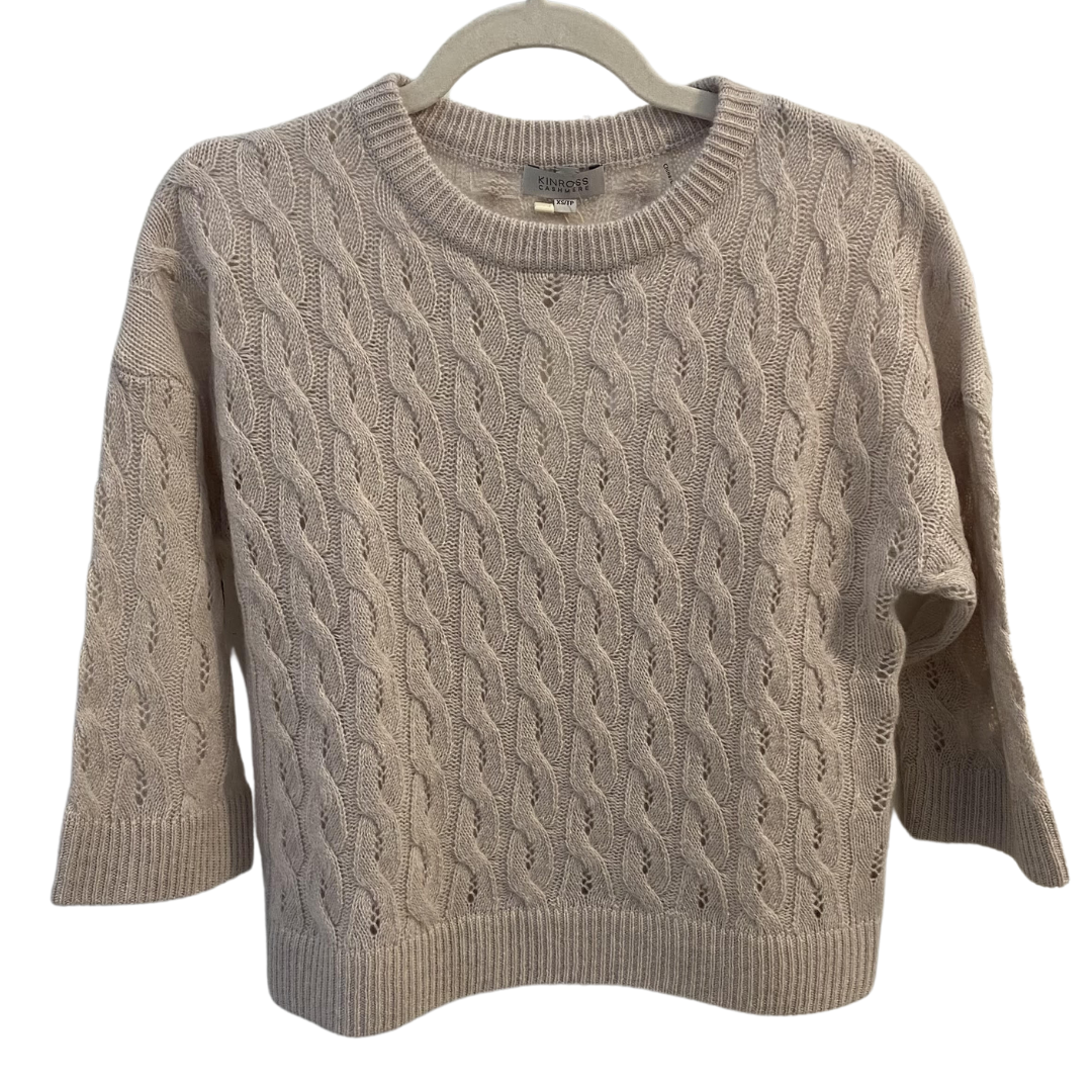 Three Qtr Sleeve Pointelle Cable Crew in Almond