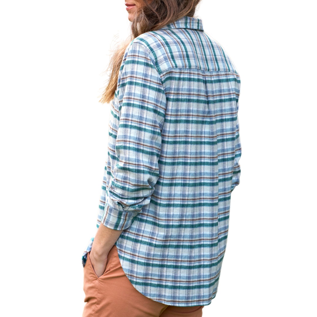 Joedy Boyfriend Button-Up Shirt in Italian Flannel Cream, Green, Blue Plaid