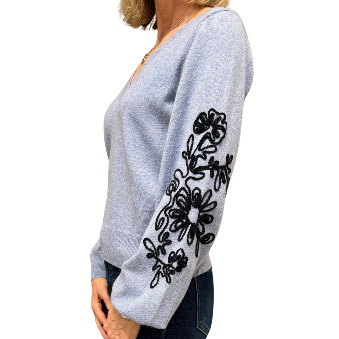 Puff Sleeve V w/ Contrast Embroidery in Slate Combo