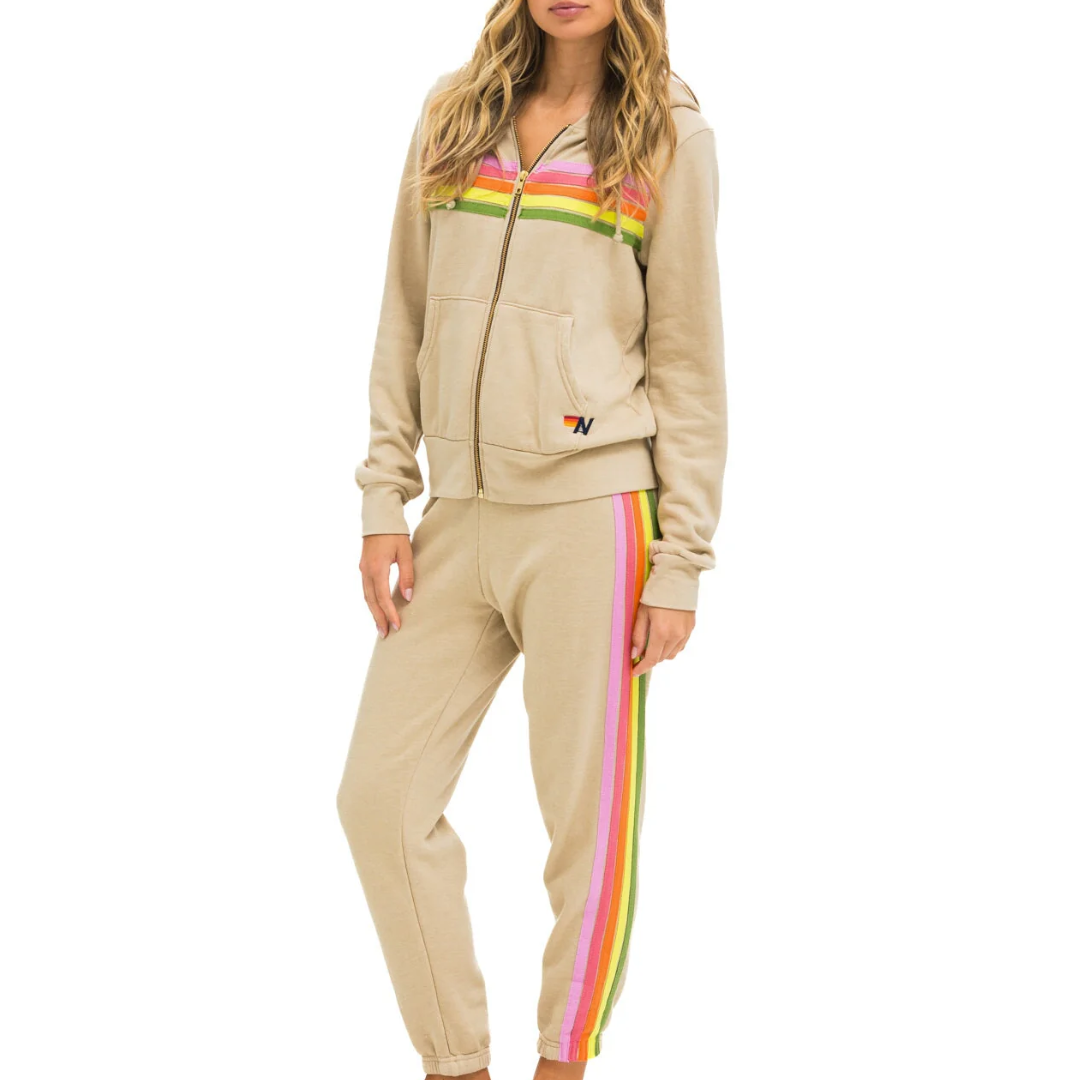 5 Stripe Hoodie in Sand/Pink/Green