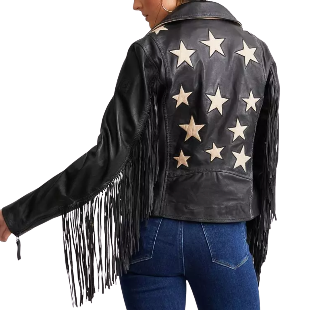 Crissy Star and Fringe Detail Leather Jacket in Black