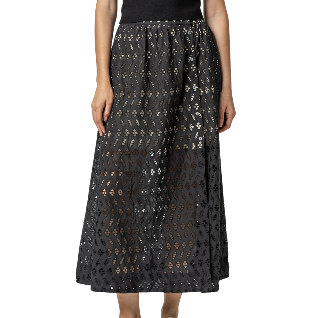 Eyelet Side-Button Maxi Skirt in Black