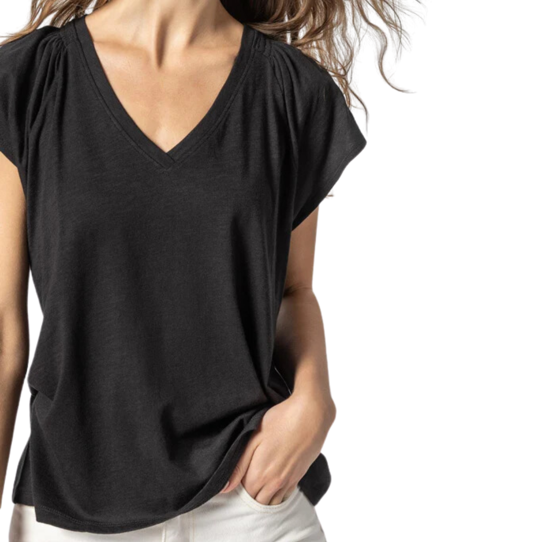 Shirred Shoulder V-Neck in Black