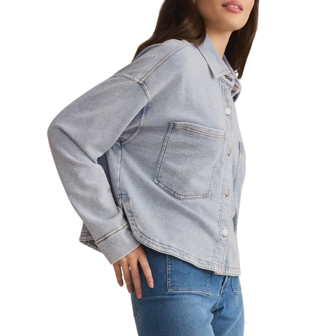 All Day Cropped Knit Denim Jacket in Washed Indigo