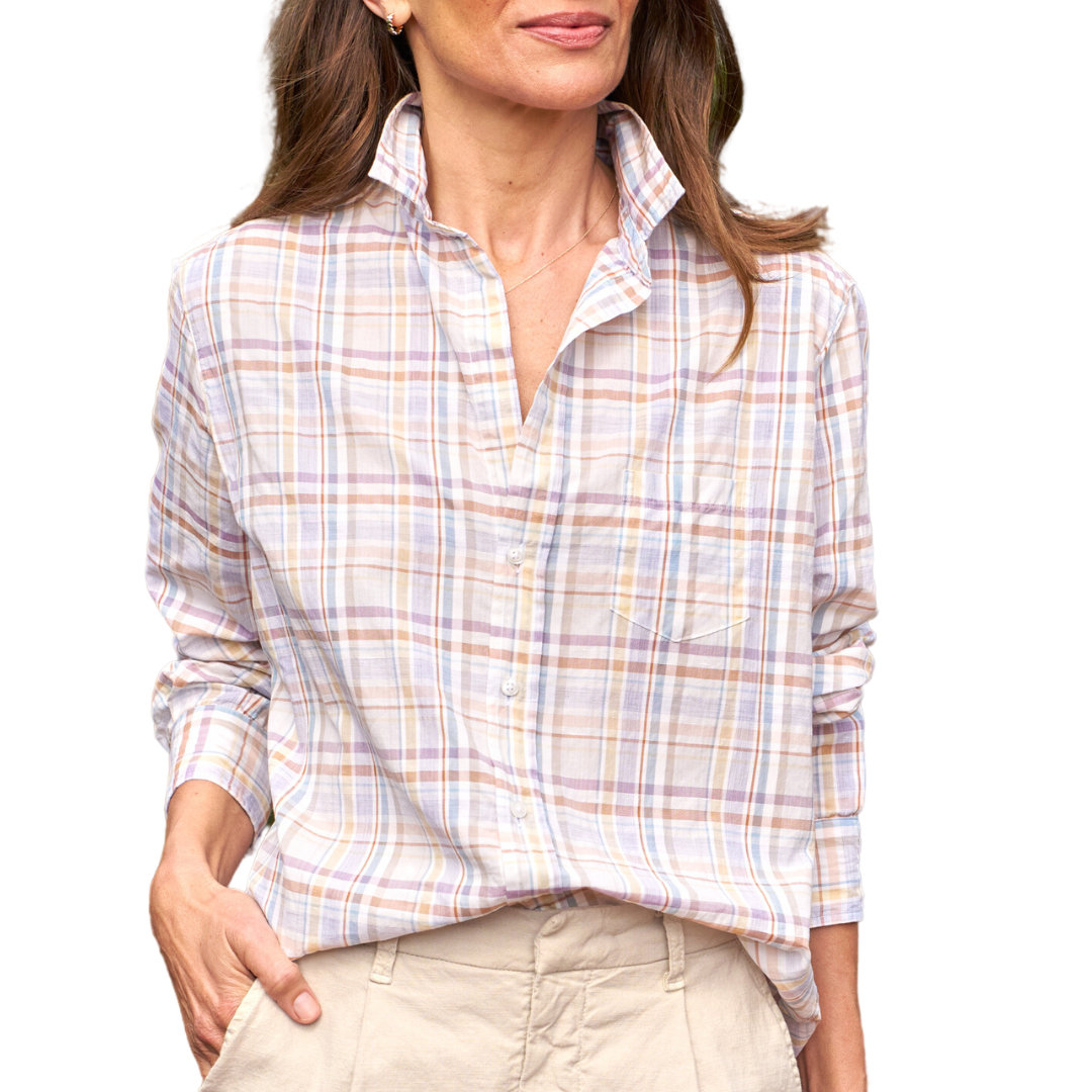Eileen in Italian Cotton Sand, Grey, Purple Plaid