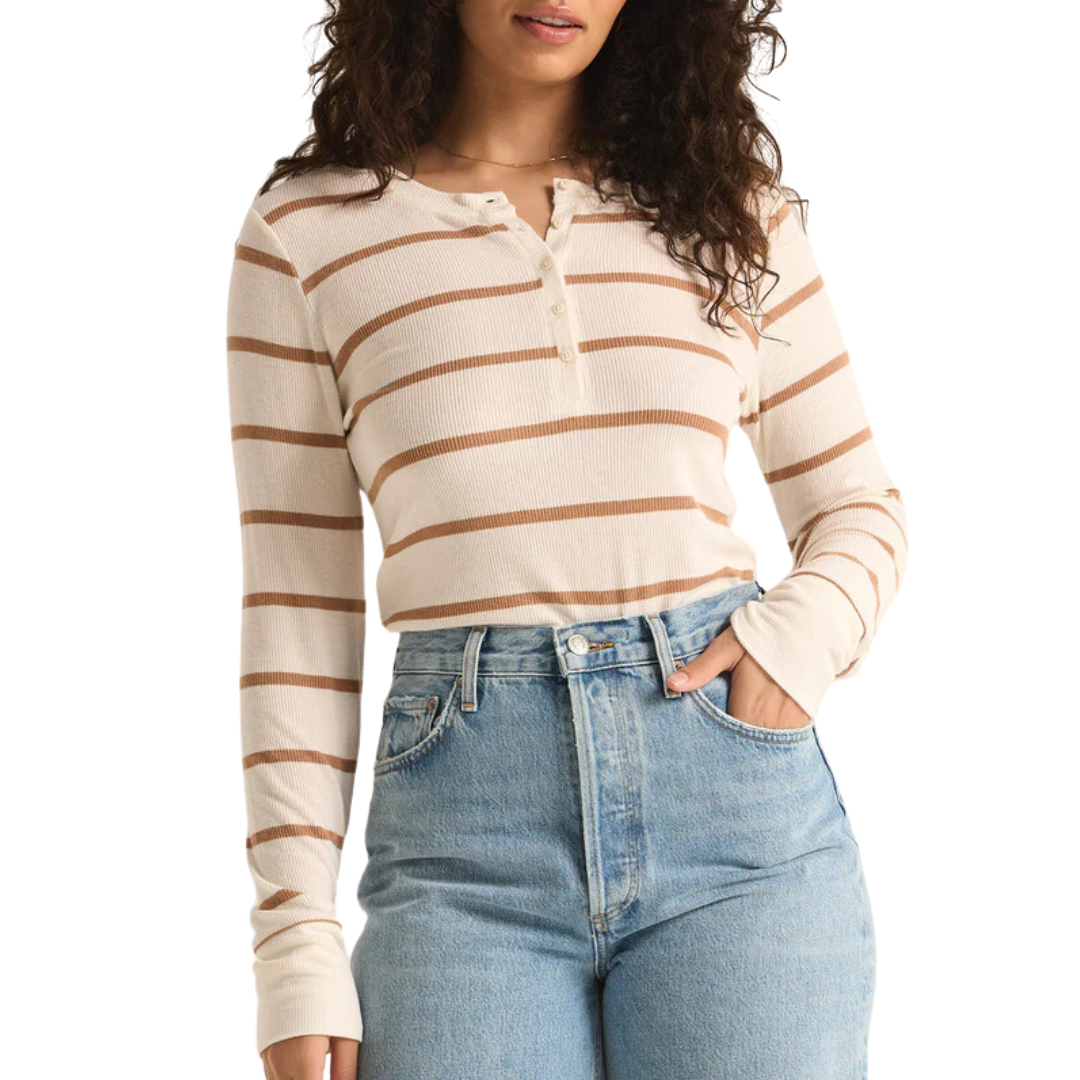 Scarlett Rib Stripe Henley in Sea Salt
