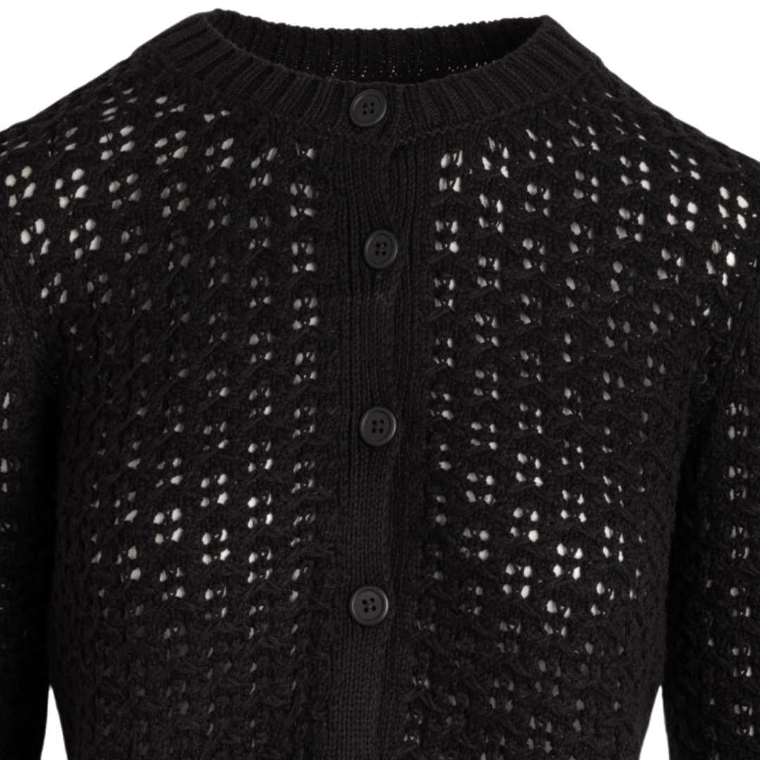 Pima Cotton Artisanal Stitch Crewneck Cardigan in Black