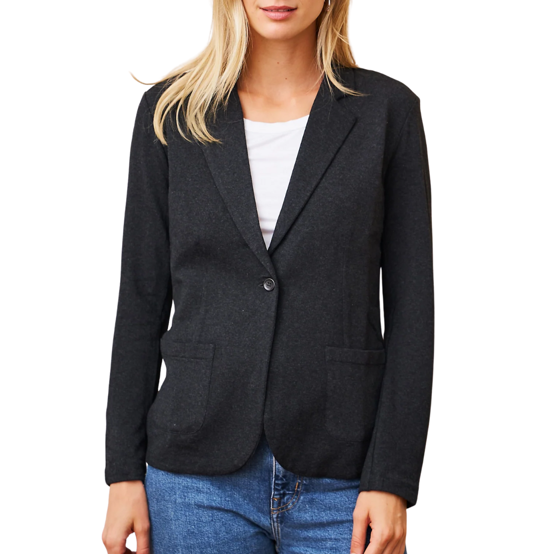 French Terry One Button Blazer in Anthracite Chine