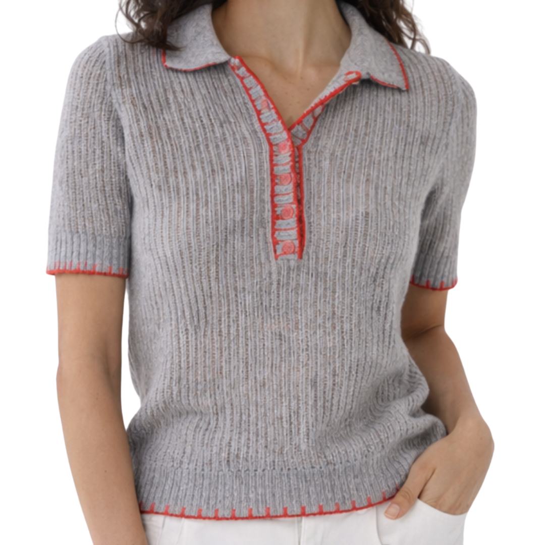 Ladder Stitch Polo With Blanket Stitch Detail in Sweatshirt/Red Pepper