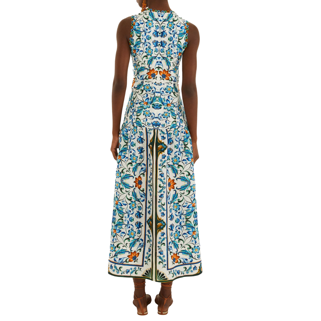 Flora Tile Scallop Linen Midi Dress in Off-White