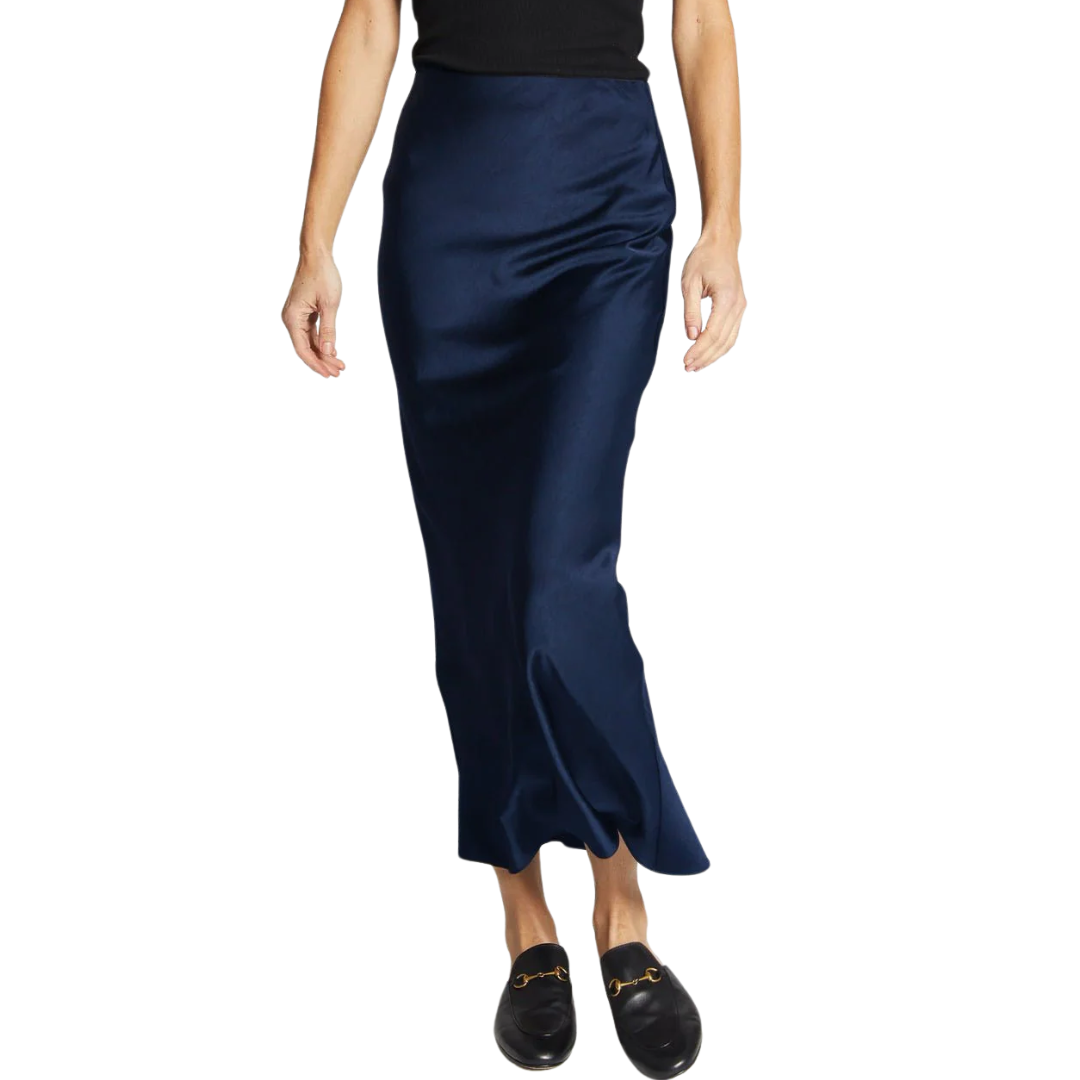 Talia Charmeuse Midi Skirt in Navy