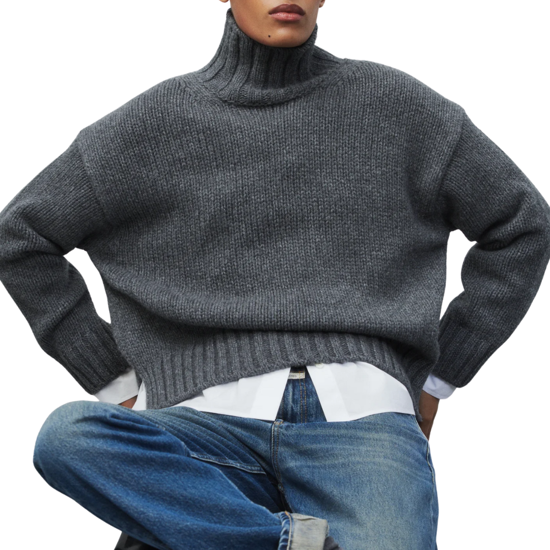 Pure Wool Roll Neck Pullover in Dark Grey Melange