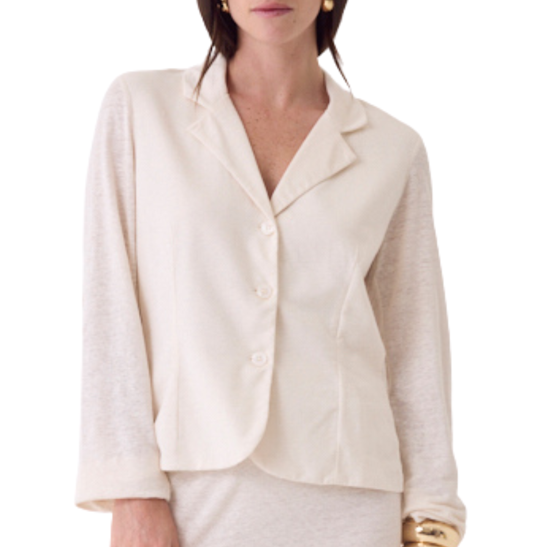 Stretch Linen Three Button Blazer in Cream