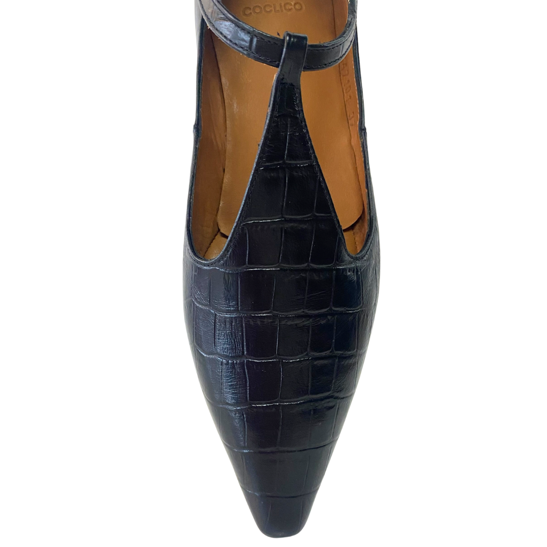 Celeste T-Strap Flat Croco in Black