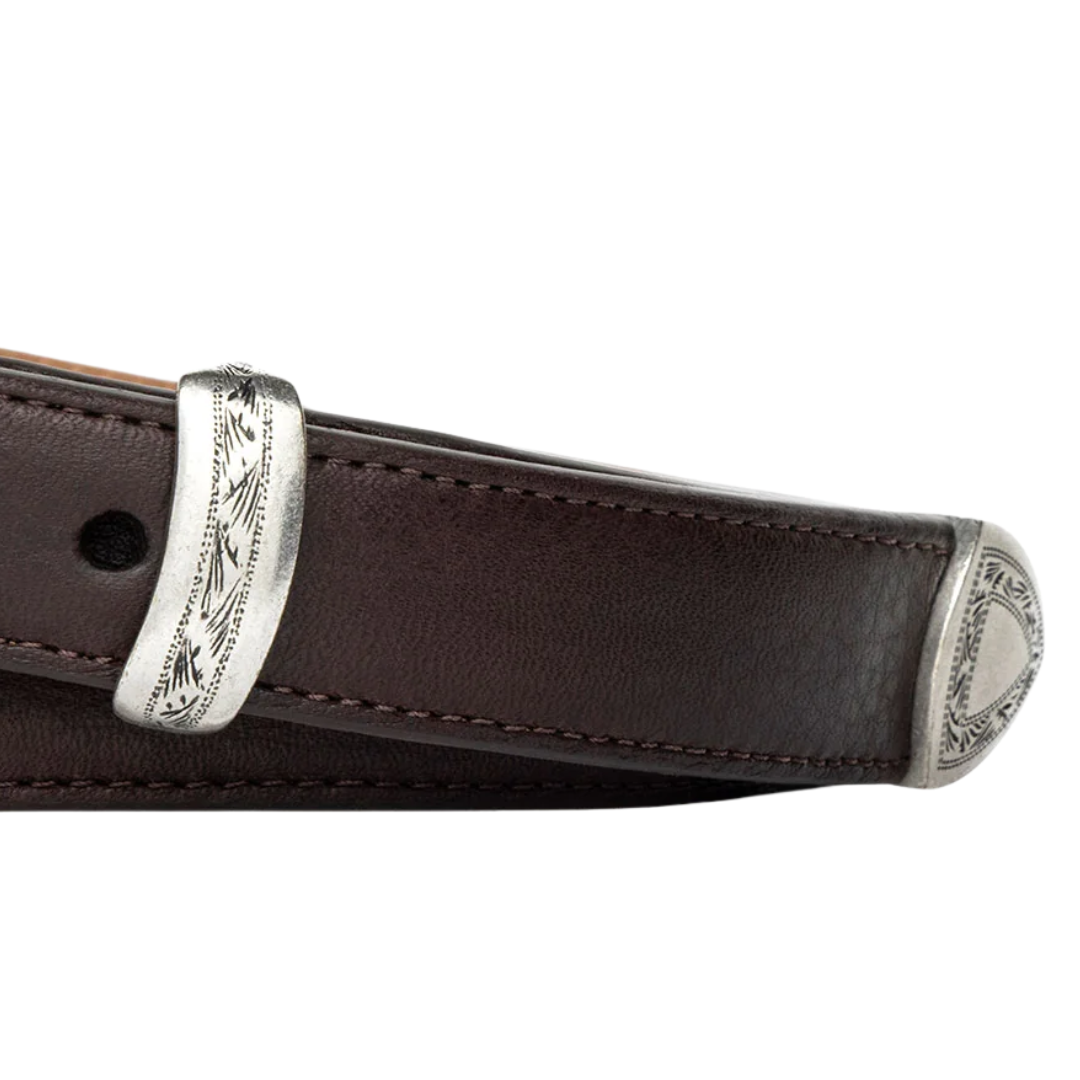 Dublin Calf Belt with Etched Antique Silver Tip in Chocolate