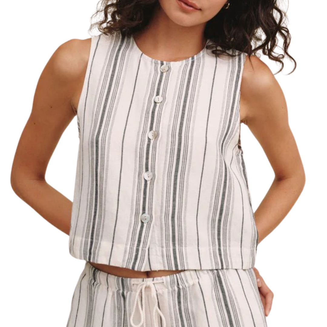 Sleeveless Button Front Top in Boardwalk Stripe
