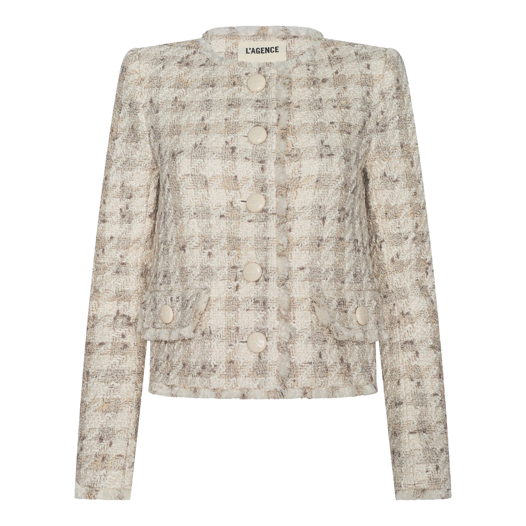 Zell Collarless Jacket in Taupe/Grey Houndstooth
