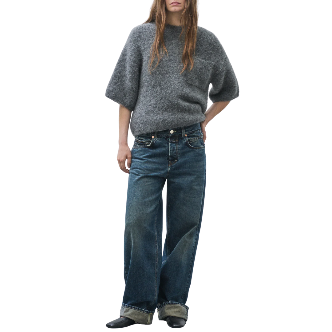Short-Sleeve Alpaca-Mix Knit in Dark Grey Melange