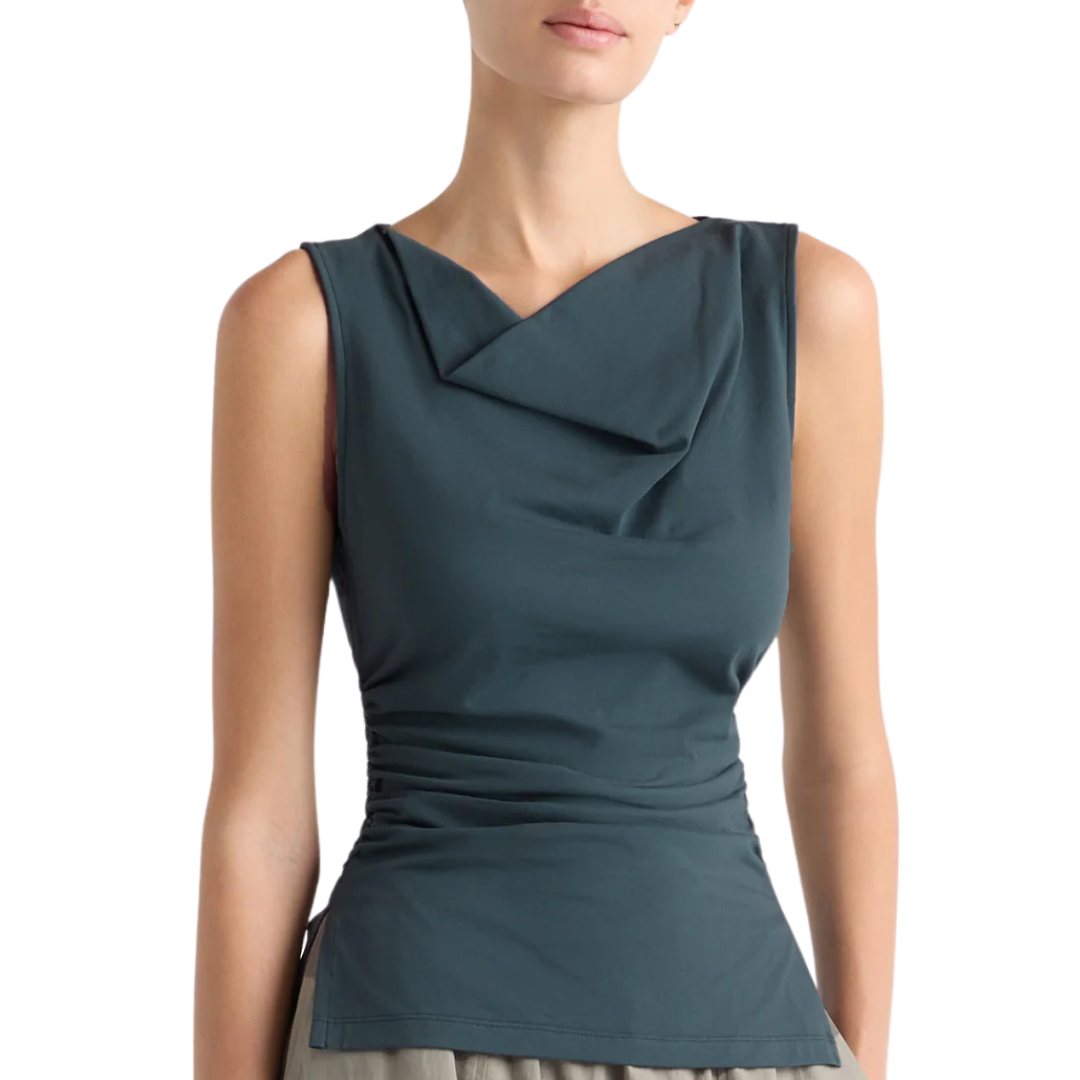 Josie Shirred-Side Cowl-Neck Tee in Maritime