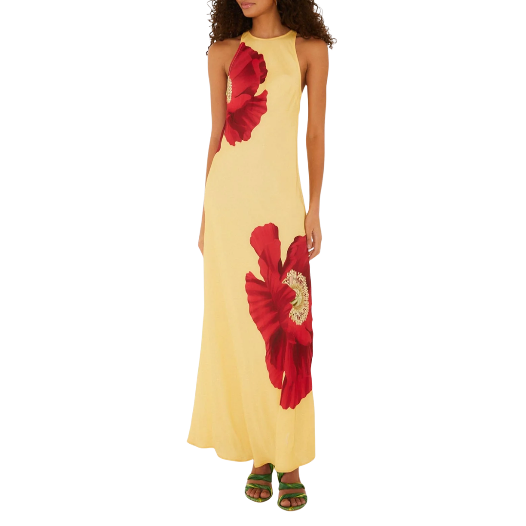 Sleeveless Maxi Dress in Light Yellow Poppy Flowers