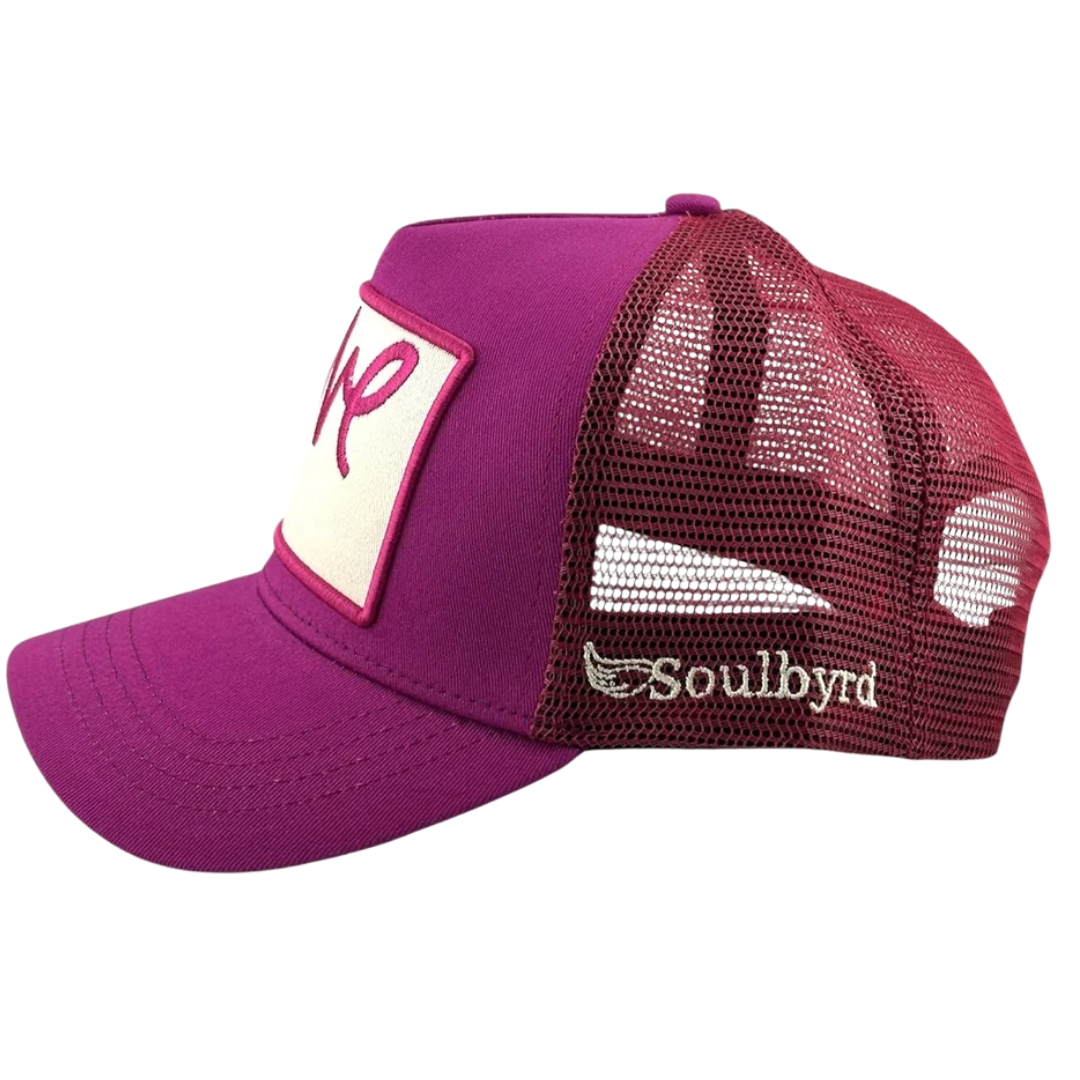 Love Cursive Trucker Hat in Berry