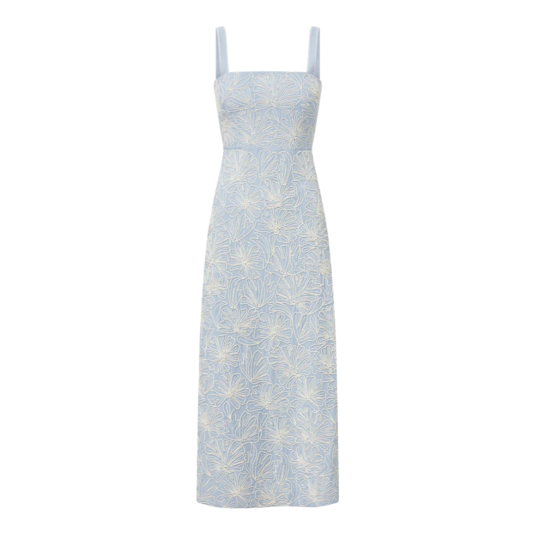 Ella Embroidered Midi Dress in Bluebell/Ecru