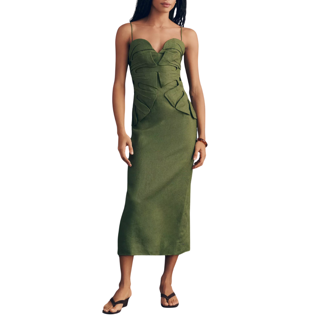 green leaf maxi dress FARM Rio US Monstera Sleeveless in NYE Date Night 100% Rayon Handmade Cotton Cord Beach Color:peach