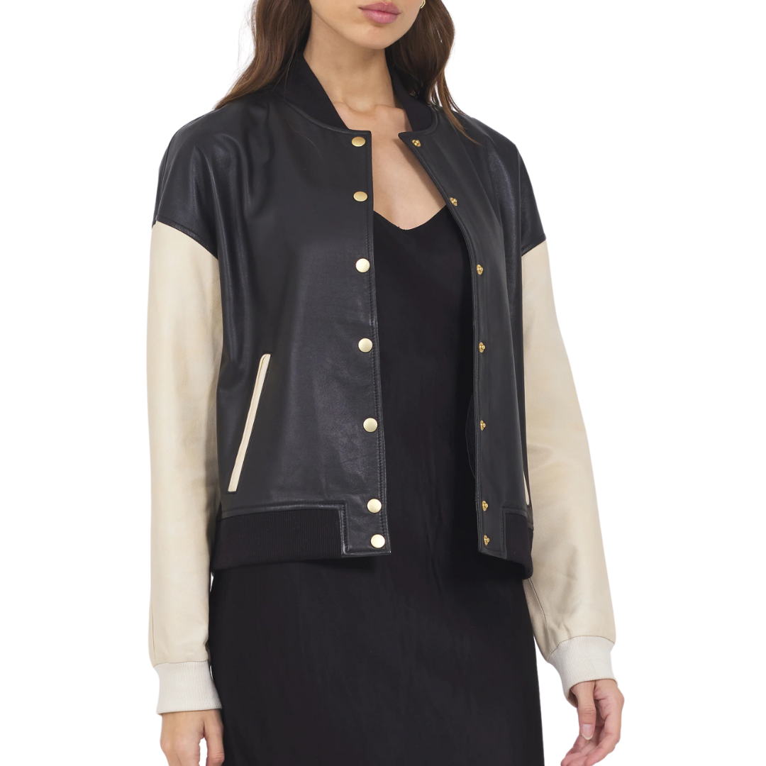 Mae Washed Leather Jacket in Black/Cream
