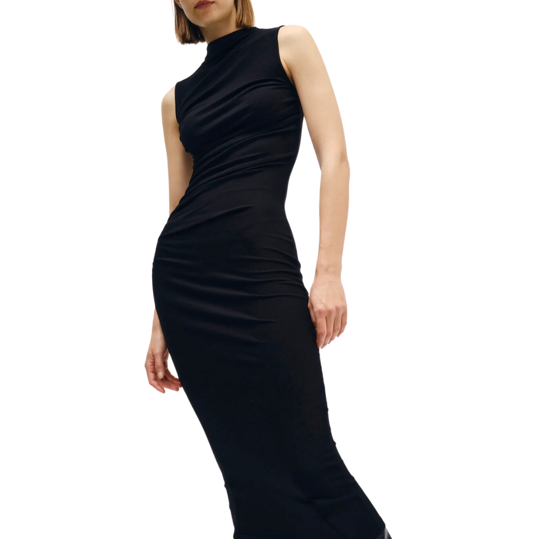 Silk Rib Sleeveless Twist Dress in Black